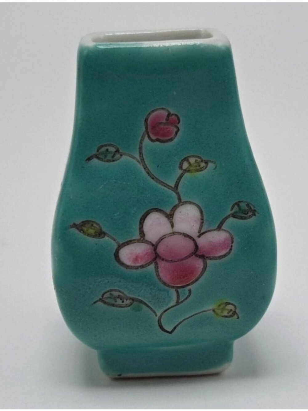Miniature Hand Painted Floral Turquoise Ceramic Vase Ornament Collectible Decor